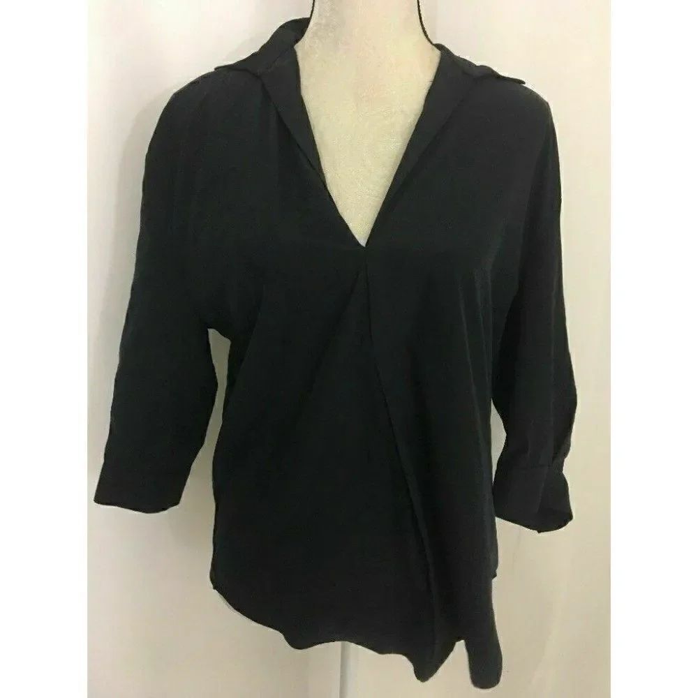 Zara Womens Solid Navy Blue V Neck Long Sleeve Work Career Top Xs